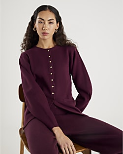 Red Knit Long Sleeve Structured Cardigan