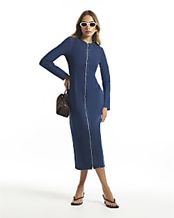 Blue Zip Through Denim Midi Dress