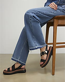 Black Wide Fit Woven Buckle Flatform Sandals