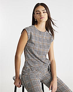 Grey Check Tie Detail Top