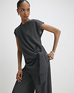 Grey Pinstripe Short Sleeve Tie Detail Top