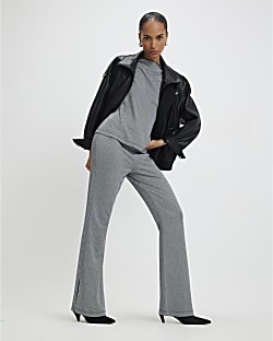 Grey Herringbone Flared Trousers