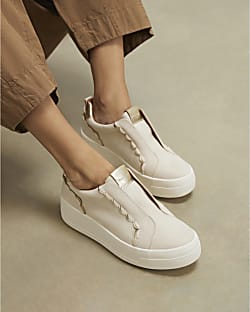 Beige Faux Suede Scalloped Slip On Trainers