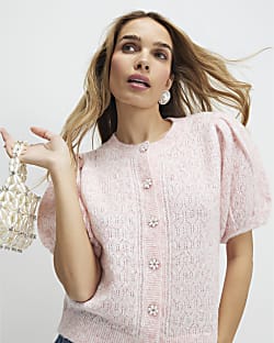 Pink Puff Sleeve Cardigan