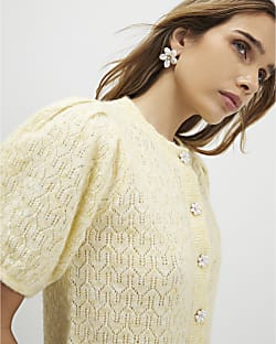 Yellow Knitted Short Puff Sleeve Cardigan