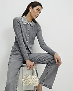 Grey Embellished Collar Cardigan