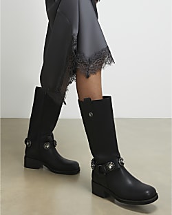 Black Embellished Harness Boots