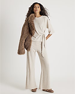 Cream Wide Ribbed Trousers