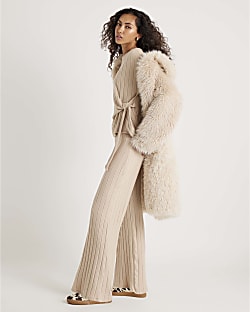 Beige Wide Ribbed Trousers