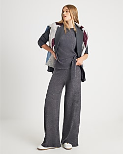 Grey Ribbed Wide Leg Trousers