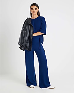 Navy Ribbed Wide Leg Trousers