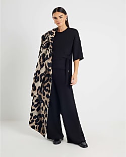 Black Ribbed Wide Leg Trousers