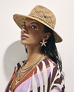 Beige Studded Open Weave Fedora Hat