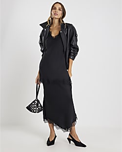 Black Satin Lace Trim Midi Skirt