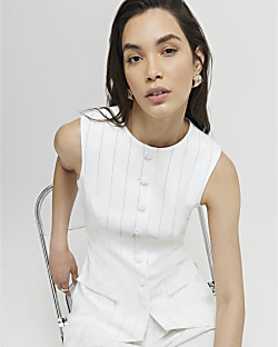 Cream Sleeveless Striped Longline Waistcoat