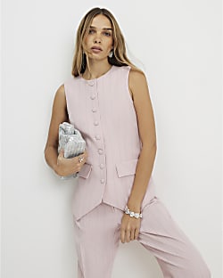 Pink Sleeveless Striped Longline Waistcoat