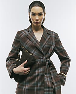 Brown Check Tie Waist Blazer
