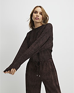 Brown Premium Crinkle Effect Batwing Top