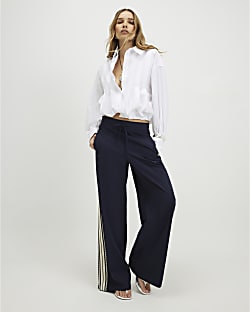 Navy Pinstripe Crochet Side Stripe Joggers