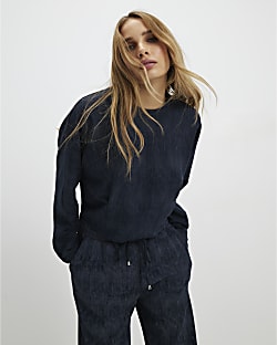 Navy Premium Crinkle Effect Batwing Top