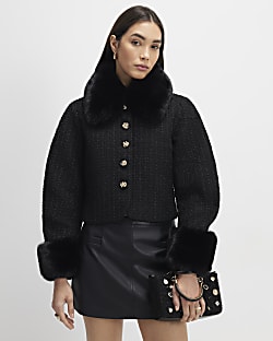 Black Faux Fur Collar Boucle Cropped Jacket