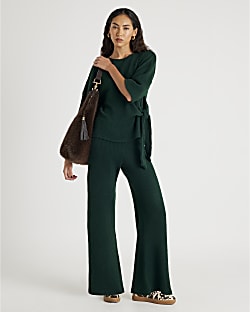 Khaki Ribbed wide leg Trousers