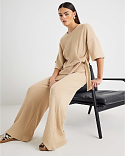 Beige Ribbed Wide Leg Trousers