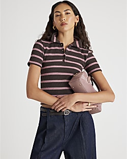Brown Short Sleeved Striped Polo Top