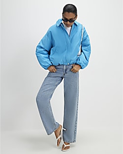Blue Padded Collared Bubble Hem Jacket