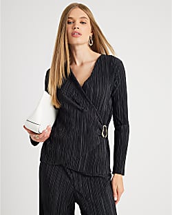 Black Plisse Trim Long Sleeve Top