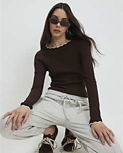 Brown Scallop Trim Top