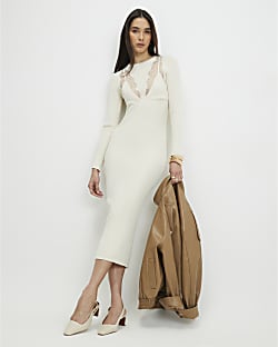 Cream Lace Insert Rib Midi Dress
