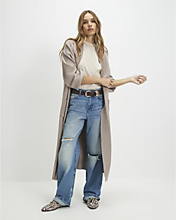 Beige Knitted Ribbed Maxi Cardigan