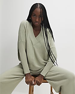 Green V Neck Ribbed Jumper