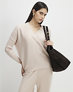 Cream V Neck Ribbed Jumper