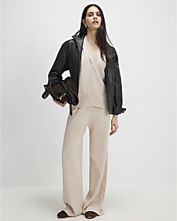 Cream Wide leg Knitted Rib Trousers