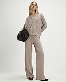 Beige Knitted Wide Leg Ribbed Trousers