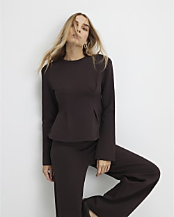 Brown Long Sleeve Corset Detail Top