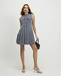 Blue Sleeveless Boucle Pleated Hem Mini Dress