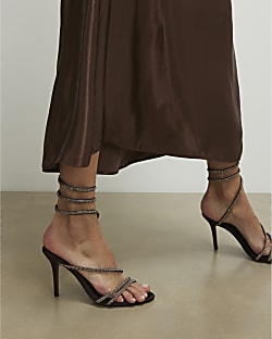 Brown Embellished Wrap Around Heeled Sandals