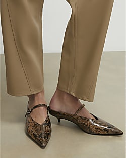 Brown Snake Print Pointed Mule Court Heels