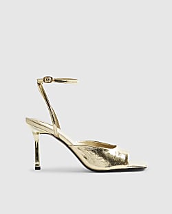 Gold Square Toe Heeled Sandals
