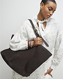 Brown Buckle Handle Suede Shopper Bag