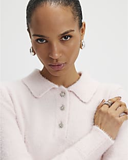 Pink Long Sleeve Fluffy Polo Top