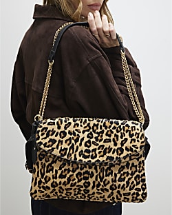 Brown Pony Hair Leopard Print Shoulder Bag