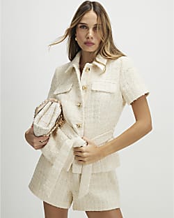 Cream Boucle Collared Belted Top