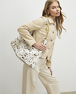 Cream Cow Print Pony Hair Leather Slouch Bag
