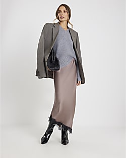 Grey Lace Trim Satin Midi Skirt