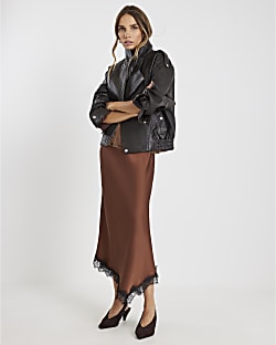 Brown Lace Trim Satin Midi Skirt