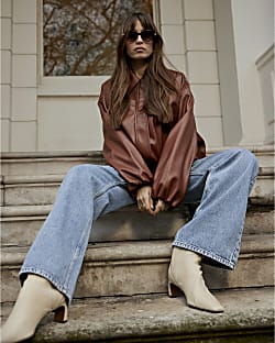 Brown Faux Leather Bubble Hem Bomber Jacket